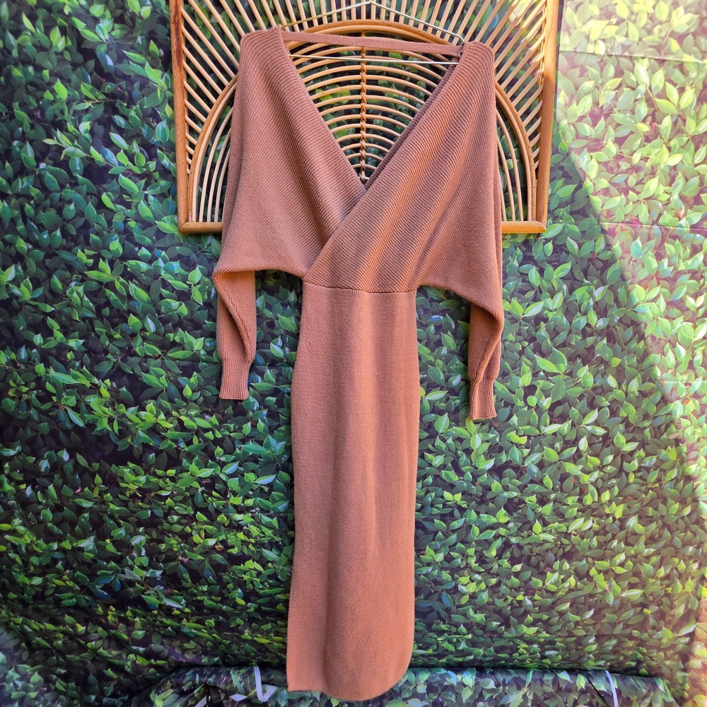 Selfie Leslie Camel Brown Ribbed Knit Midi Dress Dolman Sleeve XS